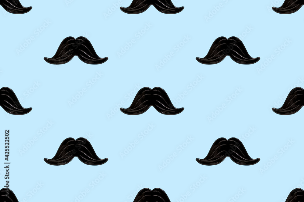 Black mustache seamless pattern on a blue background. Happy father's day and masculinity concept. Retro stylish design for wrapping paper, fabrics, man textiles, clothes for a boy - obrazy, fototapety, plakaty 