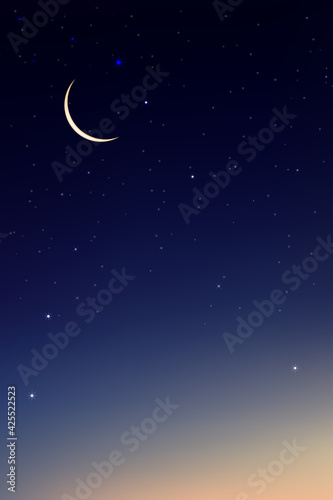Night Sky with Crescent Moon and Stars Shining, Landscape Dramatic Dark Blue, Purple and OrangeSky, Beautiful Panoramic view of Dusk Sky and Twilight, Vector illustration Natural Vertical background