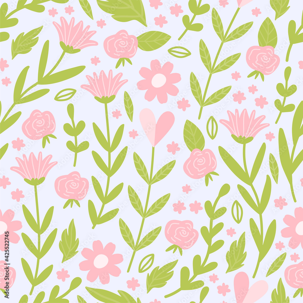 Floral elegant seamless pattern with simple flower and leaves. Vector design for fabric, wrapping paper, packaging, wallpaper etc. Floral elegant seamless pattern with simple flower and leaves. Vector design for fabric, wrapping paper, packaging, wallpaper etc.
