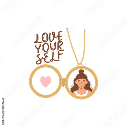 Pendant necklace with photo and heart. Self care, self acceptance, love yourself concept. Lettering with accessory. Vector typography print for card, poster, t-shirt, badges, sticker etc.