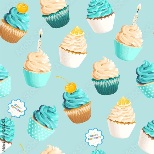 Seamless vector pattern with pastel mint cupcakes
