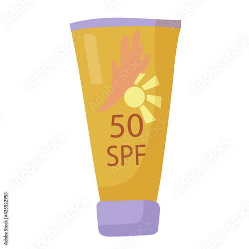 Sunscreen. Protects your skin from the harmful rays of the sun. SPF 50. A must-have for vacations and travel. element for your design. Simple flat illustration