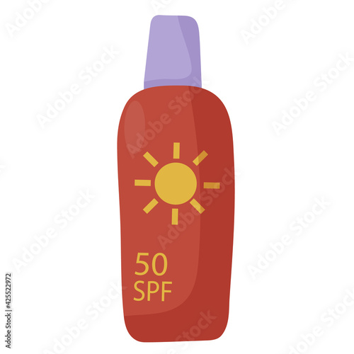 Sunscreen. Protects your skin from the harmful rays of the sun. SPF 50. A must-have for vacations and travel. element for your design. Simple flat illustration