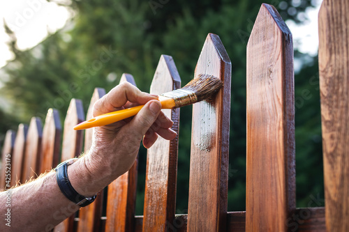 Fototapete Painting protective varnish on wooden picket fence at backyard