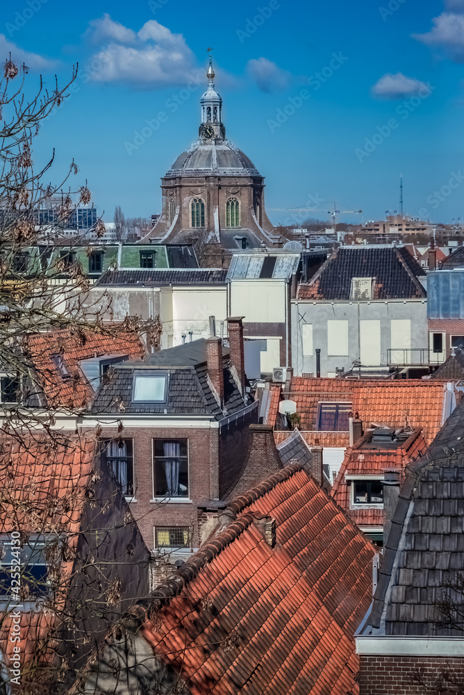 View of cityscape on the center of the town and Marekerk, Leiden, Netherlands