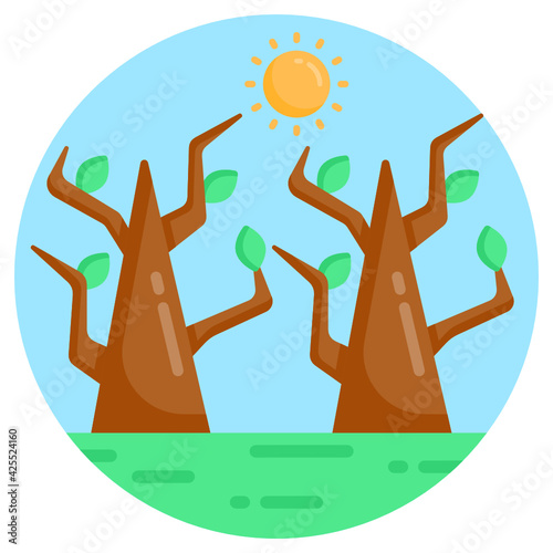 
Dry trees with sun, icon of drought in flat design 


