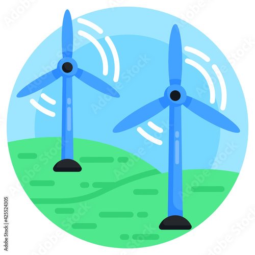 
A flat rounded background design icon of wind turbines 

