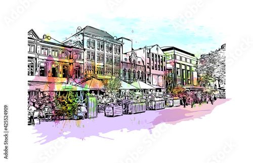 Building view with landmark of Eindhoven is the 
city in the Netherlands. Watercolour splash with hand drawn sketch illustration in vector.
