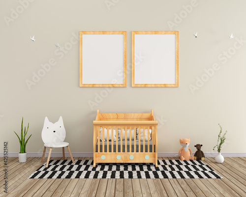 Bedroom for child with baby cot and chair, 3D rendering