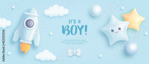 Baby shower horizontal banner with cartoon rocket and helium balloons on blue background. It's a boy. Vector illustration