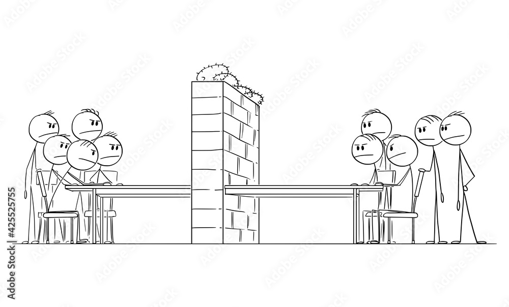 Negotiation Barrier, Two Groups of Politician or Businessmen Sitting at Table, Vector Cartoon Stick Figure Illustration Negotiation Barrier, Two Groups of Politician or Businessmen Sitting at Table, Vector Cartoon Stick Figure Illustration