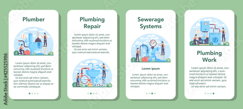 Plumber mobile application banner set. Plumbing service, professional repair