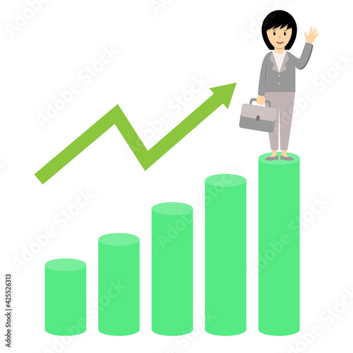 Business woman standing in highest bar chart waving her hand. Business girl and Growth of income or profit bar chart of company cartoon vector