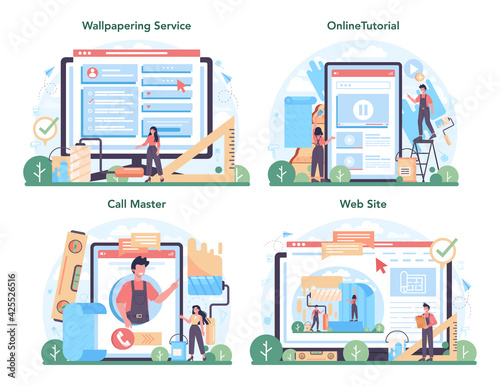 Wall papering online service or platform set. Worker gluing wallpapers