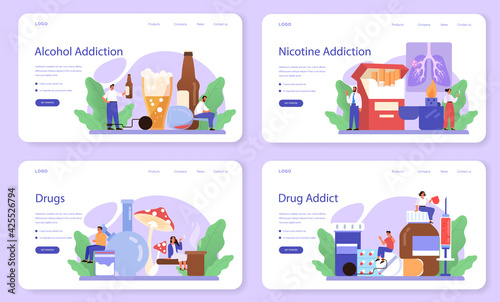 Addiction web banner or landing page set. Idea of medical treatment