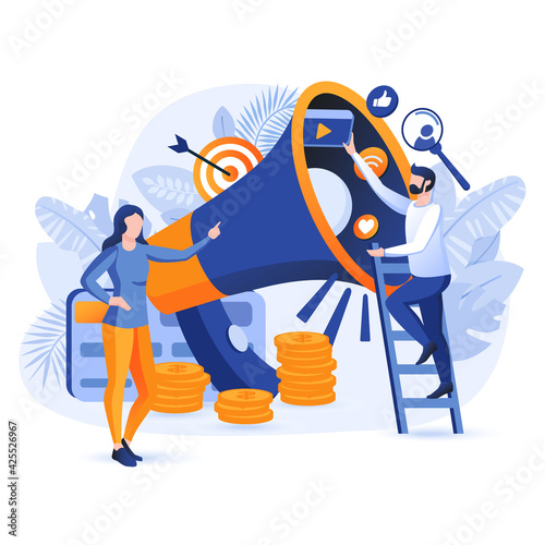 Digital marketing scene. Team with huge megaphone. Promotion of business project, communication with customers, attracting new clients concept. Vector illustration of people characters in flat design