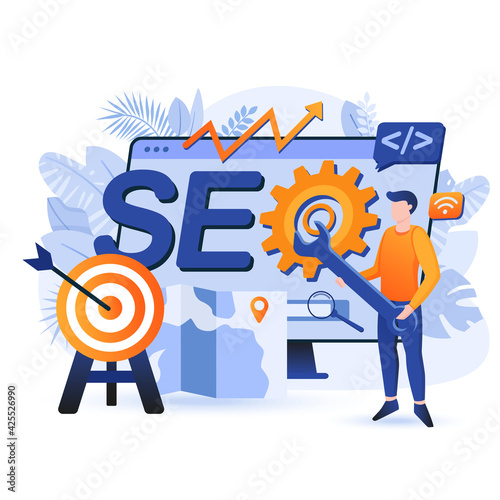 Seo optimisation scene. Man holds huge wrench and sets up SEO search. Marketing, analytics and ranking, targeting, gain more traffic concept. Vector illustration of people characters in flat design