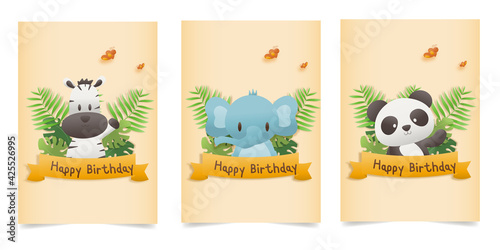 Set banner Invitation birthday greeting card with a cute animal. character jungle animals celebrate and template invitation papercraft style vector illustration.