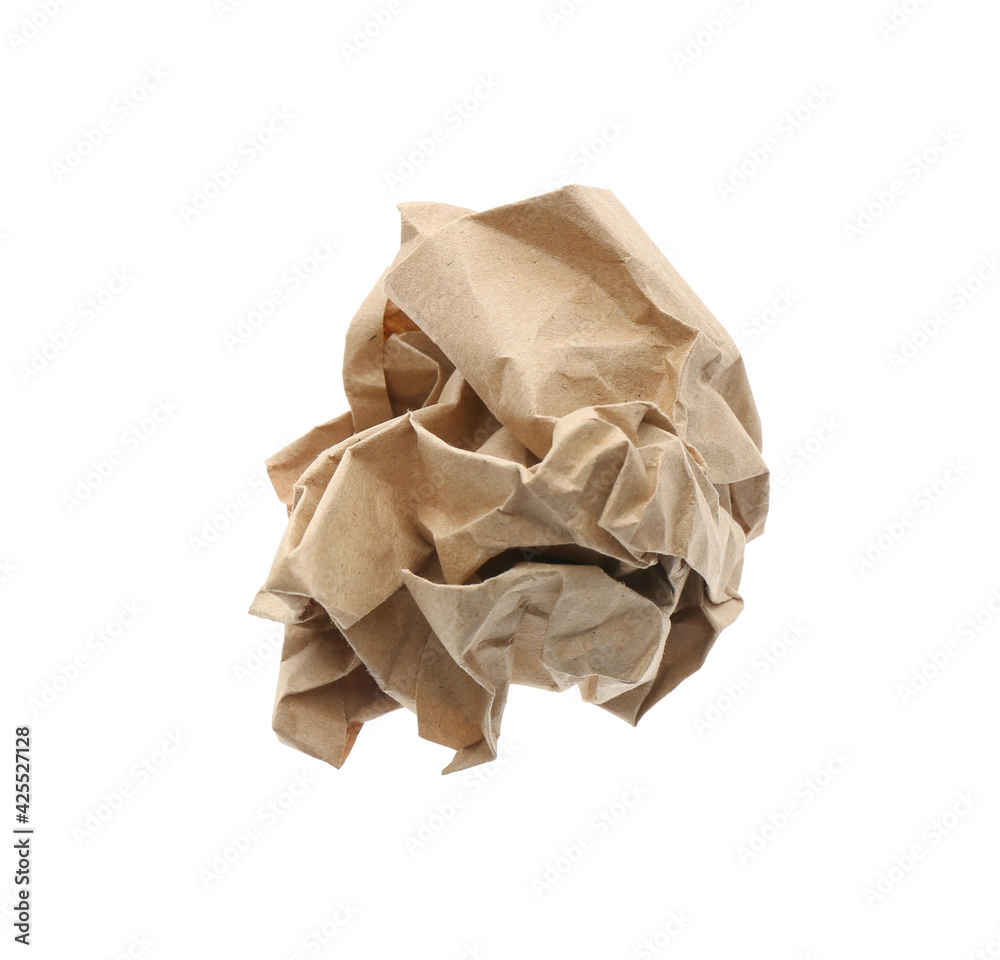 Crumpled sheet of kraft paper isolated on white, top view