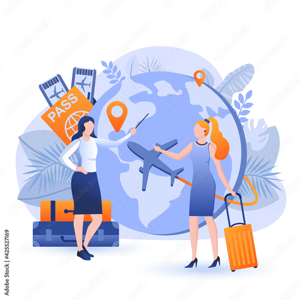 Vacation or business travel scene. Woman with luggage flies on resort, travel agency employee proposes tour to client. Global tourism concept. Vector illustration of people characters in flat design