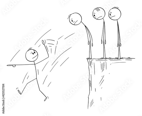 Failure of Leader, Team Is Watching His Fall, Vector Cartoon Stick Figure Illustration