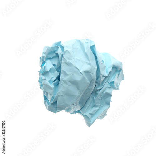Crumpled sheet of light blue paper isolated on white, top view