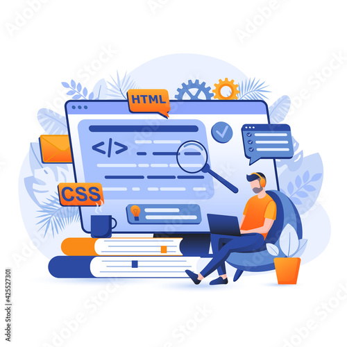 Programming software scene. Developer works on laptop, coding, creates websites, applications and programs. Html language, IT industry concept. Vector illustration of people characters in flat design