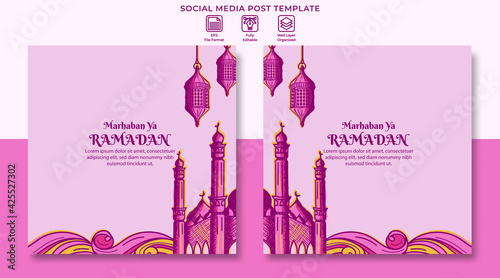 Marhaban ya ramadan social media template with hand drawn illustration of Islamic ornament
