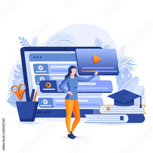 Video tutorials scene. Woman watches webinars, courses and training videos from laptop. Online education, e-learning, distance learning concept. Vector illustration of people characters in flat design
