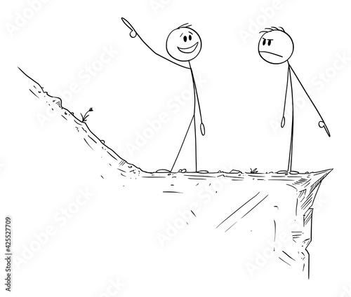 Optimism and Pessimism, Optimist and Pessimist, Way Up and Down, Vector Cartoon Stick Figure Illustration