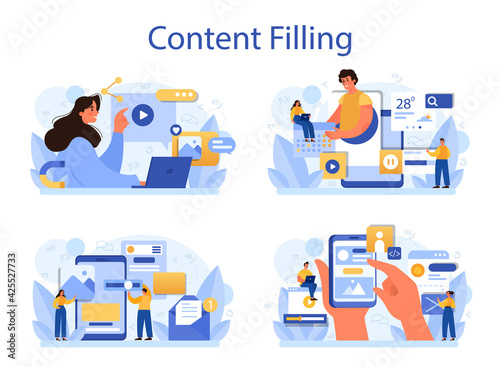 Content filling concept set. Making responsive and viral content
