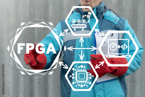 Industry concept of FPGA - Field Programmable Gate Array. Circuit Technology Production. photo