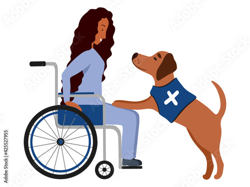 Emotional support animal emblem health care. Disabled woman in wheelchair. Service pet and patient isolated. Dog therapy for banner, flyer, company, medical service, hospital. Vector illustration.