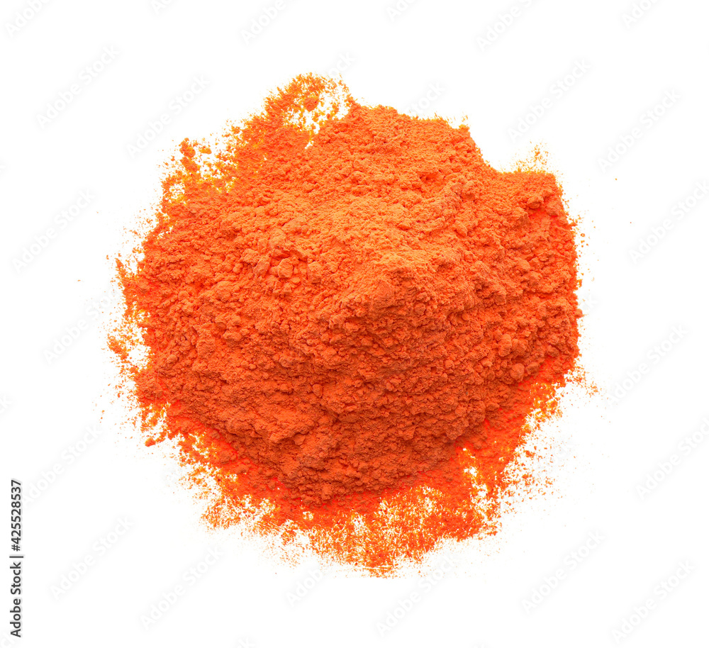 Pile of orange powder isolated on white, top view. Holi festival celebration