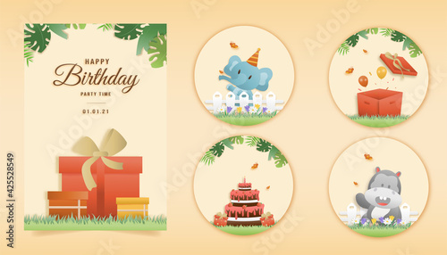 Set banner Invitation birthday greeting card with a cute animal. jungle animals celebrate children's birthday and template invitation papercraft style vector illustration.