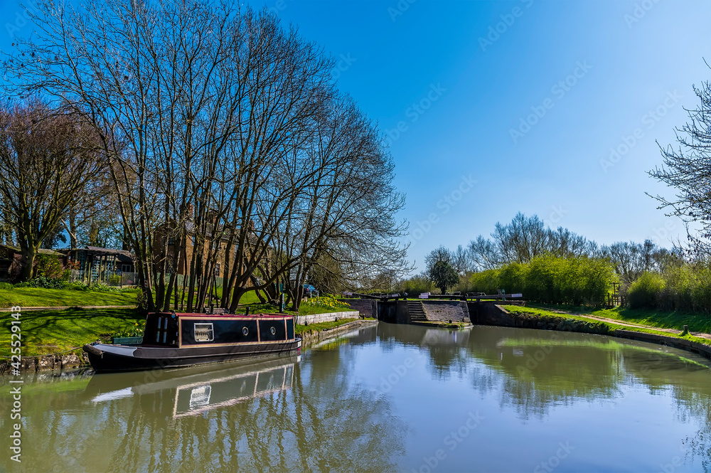 A view towards higher set of locks at Hillmorton, Warwickshire, UK on a bright Spring day