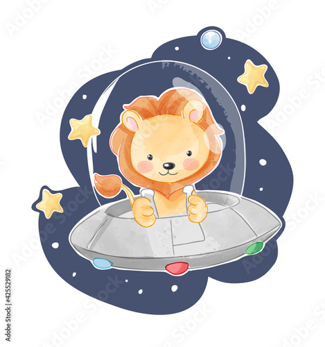 Clute cartoon lion in UFO illustration photo