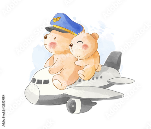 Cute bears pilot couple riding airplane illustration