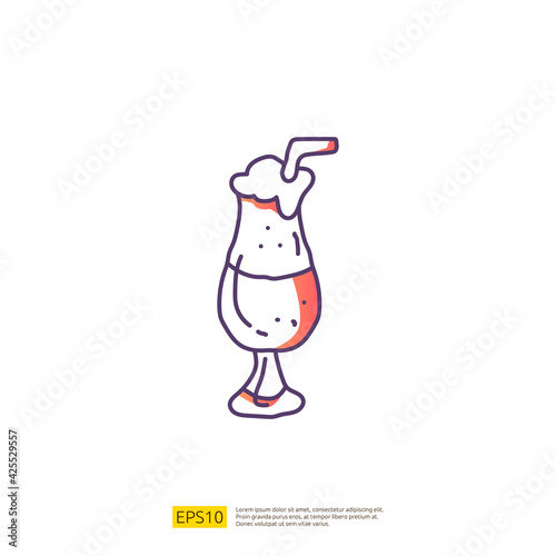 glasses coffee cocktails or milkshake ice cream with wafer stick for cafe concept vector illustration. hand drawing doodle gradient fill line icon sign symbol