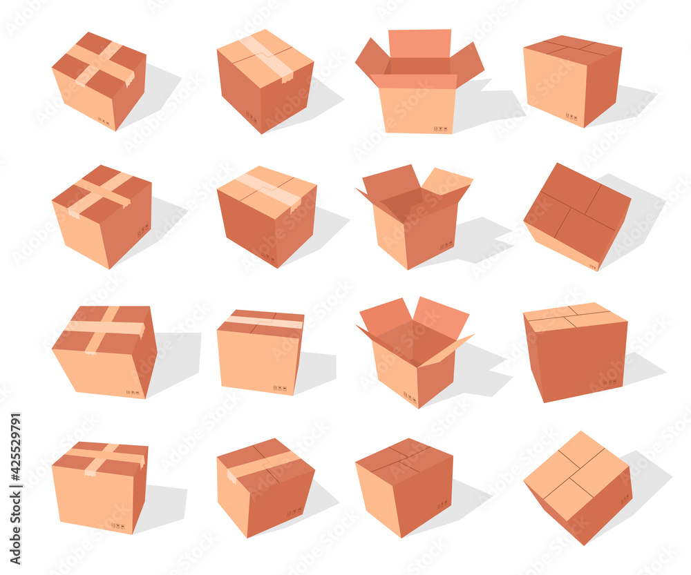 Cardboard box vector cartoon set isolated on a white background.