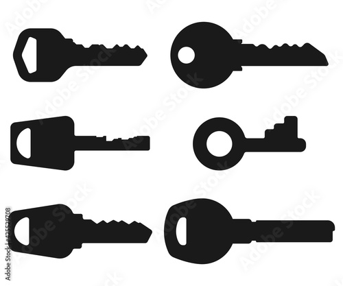 Keys vector black silhouettes set isolated on a white background.