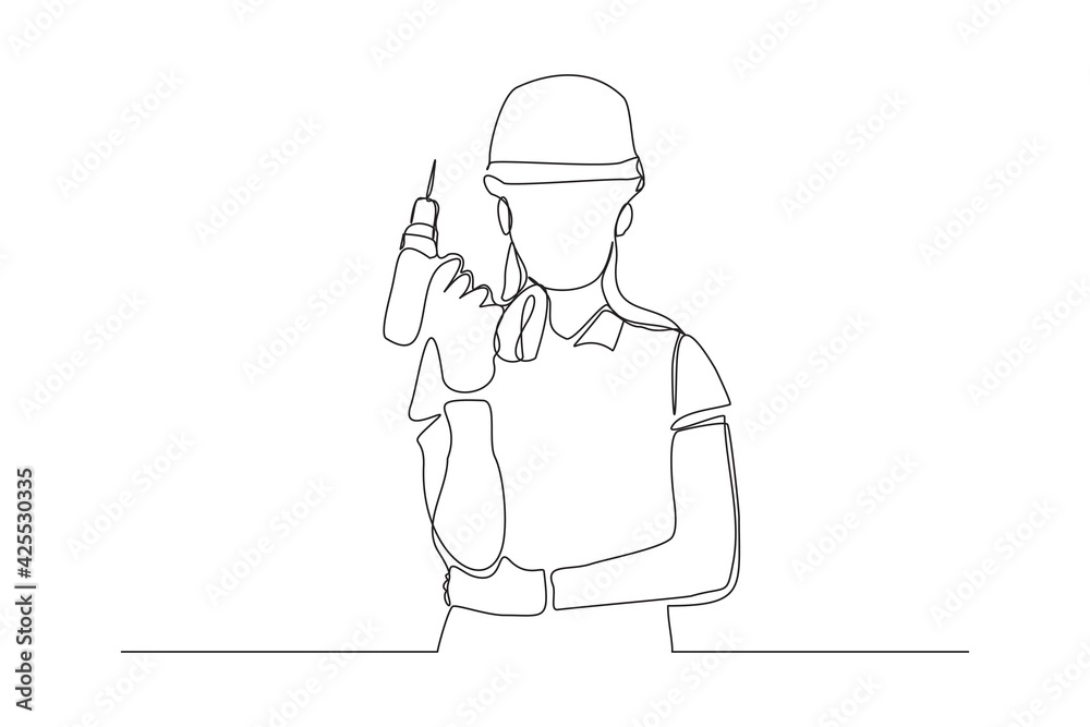 Continuous line drawing of young handy woman wearing uniform while holding drill machine. Single one line art of repair woman construction maintenance service concept. Vector illustration