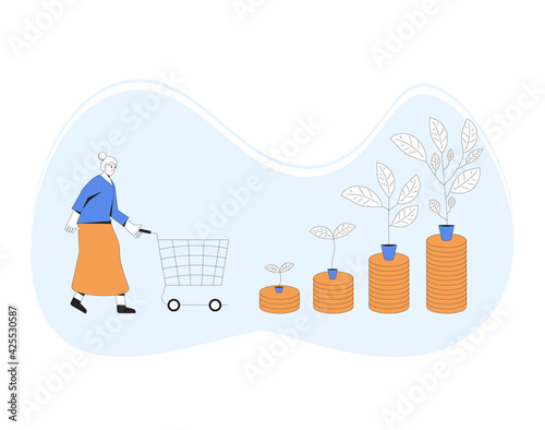 Investment return. Elderly woman with shopping basket and money tree. Get income. Pension fund.  Vector line art illustration.