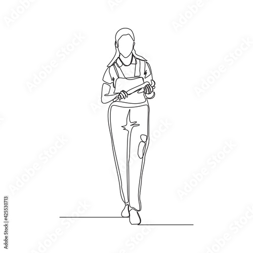 Continuous line drawing of young female mechanic pose holding set of wrench. Single one line art of professional job profession minimalist concept. vector illustration