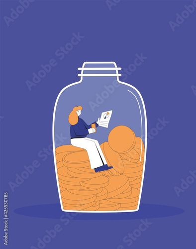 Savings. Woman with moneys itting in moneybox. Young female character in jar of coins. Vector  line art illustration.
