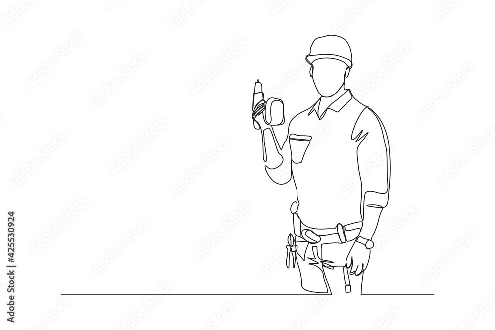 Continuous line drawing of young handyman wearing uniform while holding drill machine. Single one line art of repairman construction maintenance service concept. Vector illustration