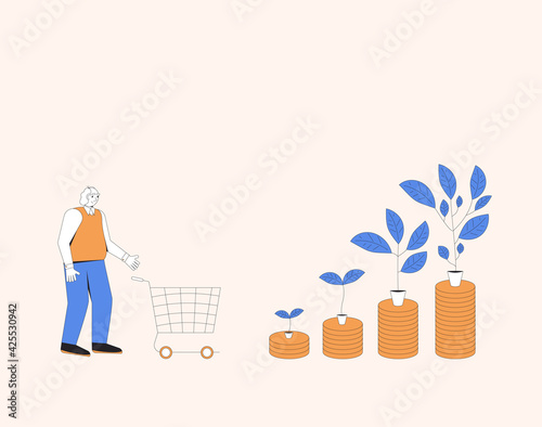 Investment return. Elderly man with shopping basket and money tree. Get income. Pension fund.  Vector line art illustration.