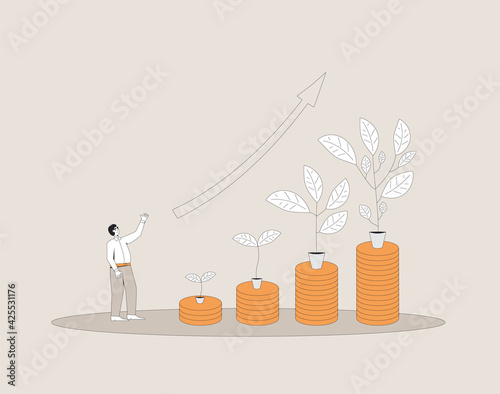 Investment return. Stock market growth. Profit. Business growth. Male retail investor with money tree. Vector line art illustration.