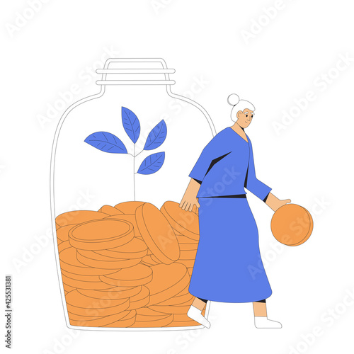 Retirement savings. Elderly woman with money. Old female character standing with jar of coins. Senior lady with moneybox. Vector color line art illustration.