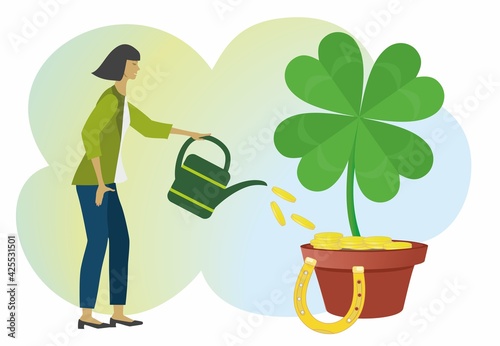 Woman giving water, money to big four leaf clover. Improve the success with nutrition or investment. Horse shoue beside flower pot to indicate even more luck. Vector illustration. EPS10.